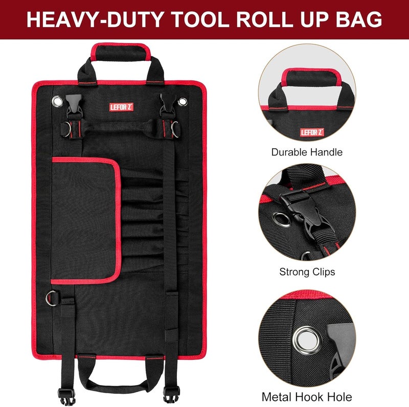 LEFORZ Tool Bag,Large Roll Up Tool Bag Organizer,13 Pockets Tool Roll Storage Pouch,Heavy Duty Portable Tool Storage Carrier Bag for Men,Mechanic,Electrician & Hobbyist,Black/Red - Image 5